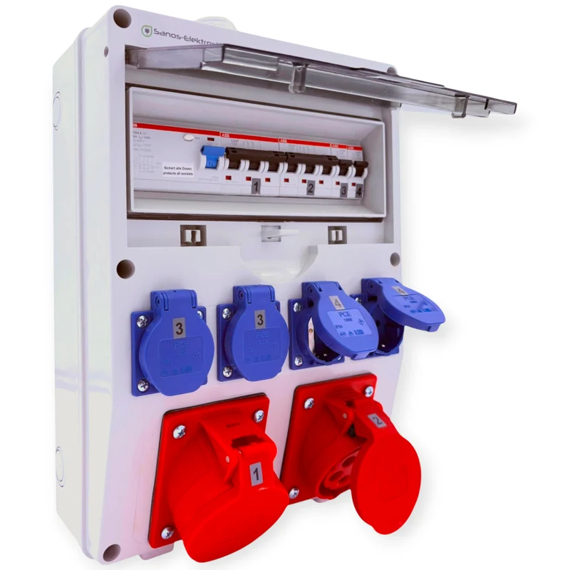 SANOS Wandverteiler ABB/PCE - 1x CEE 32A 1x CEE 16A und 4x Schukodosen mit FI | SAN001