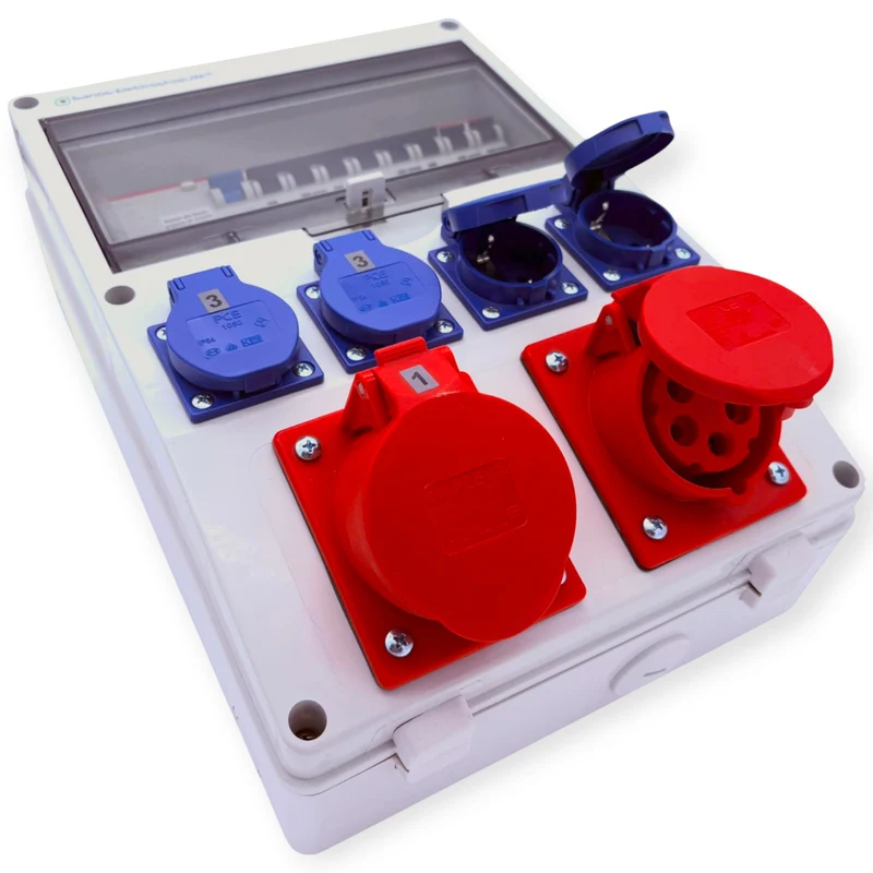 SANOS Wandverteiler ABB/PCE - 1x CEE 32A 1x CEE 16A und 4x Schukodosen mit FI | SAN001