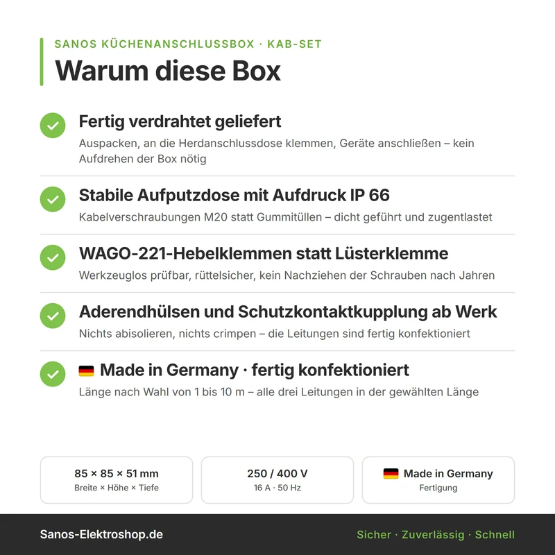 Küchenanschlussbox, Splitter-Box mit 2m Kabel - Küchenanschlussverteiler 3-fach für Kochfeld & Backofen