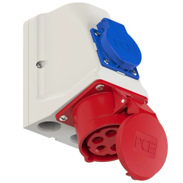CEE Wanddose mit Schuko-Steckdose, IP 44, 5-polig, 400 V, 6 h, 32 A, PCE 9225-6