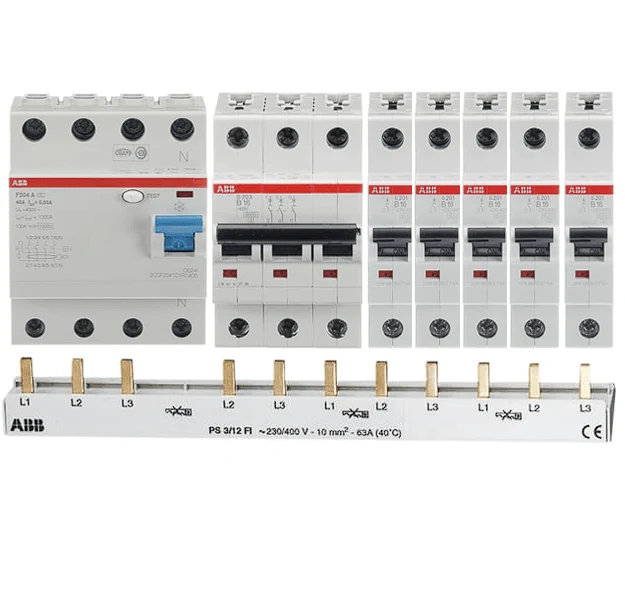 ABB Set 1x FI-Schutzschalter F204A-40/0,03 + 1x Sicherungsautomat S203-B16 + 5x Sicherungsautomat S201-B16 + 1x PS3/12FI Sammelschiene