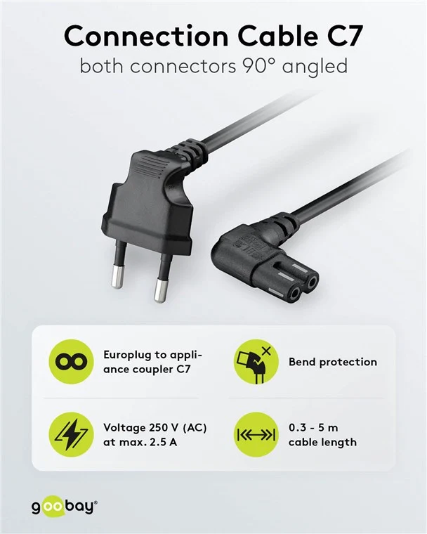 Anschlusskabel mit Eurostecker abgewinkelt, 5 m, schwarz, (2*0,75 mm²)