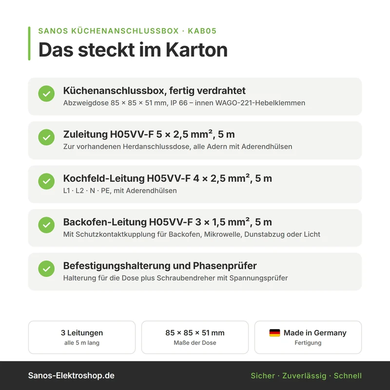Küchenanschlussbox, Splitter-Box mit 5m Kabel - Küchenanschlussverteiler 3-fach für Kochfeld & Backofen