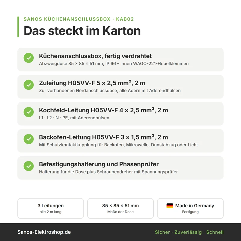 Küchenanschlussbox, Splitter-Box mit 2m Kabel - Küchenanschlussverteiler 3-fach für Kochfeld & Backofen