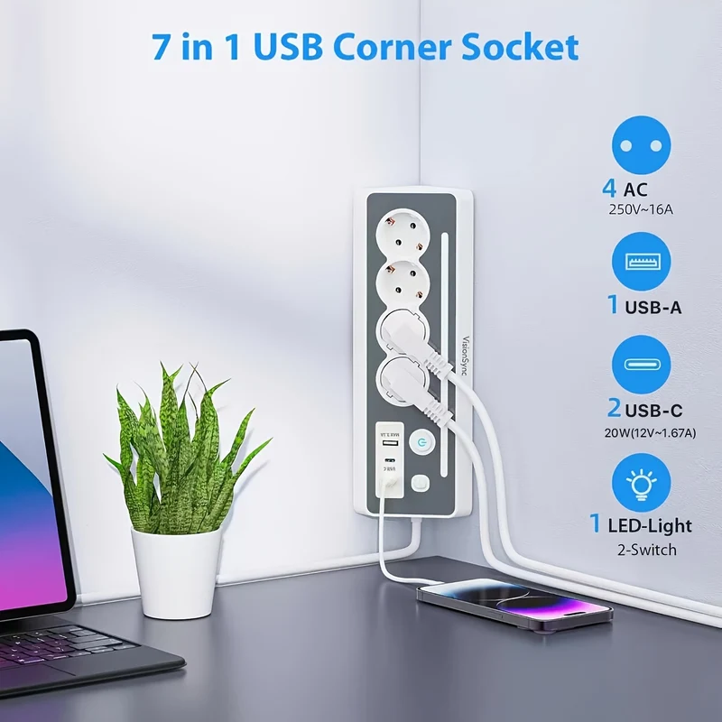 7-in-1 Mehrfachsteckdose mit USB-C Schnellladeanschlüssen