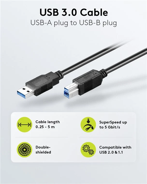 USB-A-auf-USB-B-Kabel, 0,5 m, schwarz