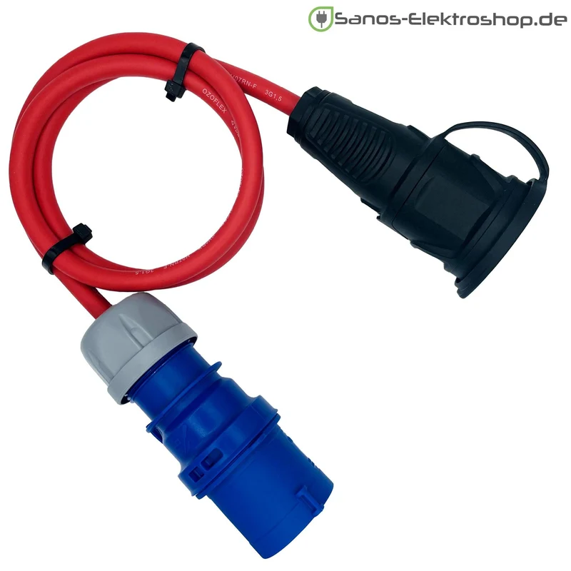 Camping/Caravan/Boot Adapter CEE-Stecker auf Schuko-Kupplung 230V 3-polig 16A, Gummileitung H07RN-F 3G2,5 rot, 1m-50m