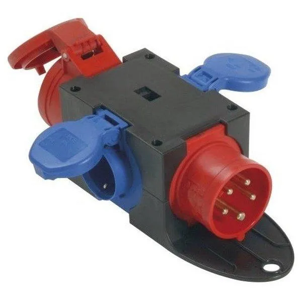 PCE 9430402 CEE-Kompakt-Verteiler, IP44, mit Bügel, CEE-Stecker 16A + Dose, 16A, 5p, 2x Schuko (ungesichert)