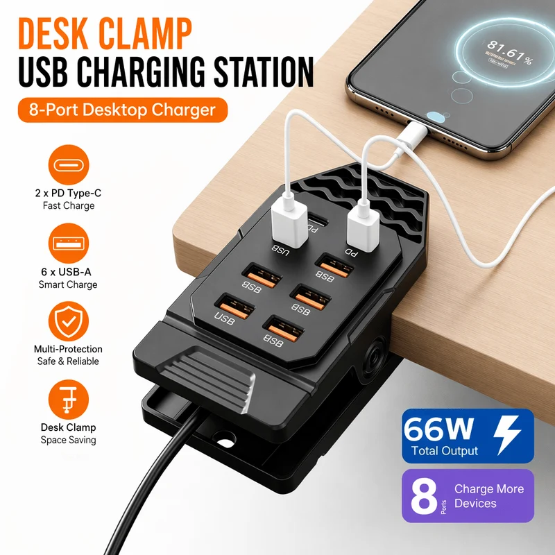 USB-Ladehub mit 8 Anschlüssen und Tischklemme