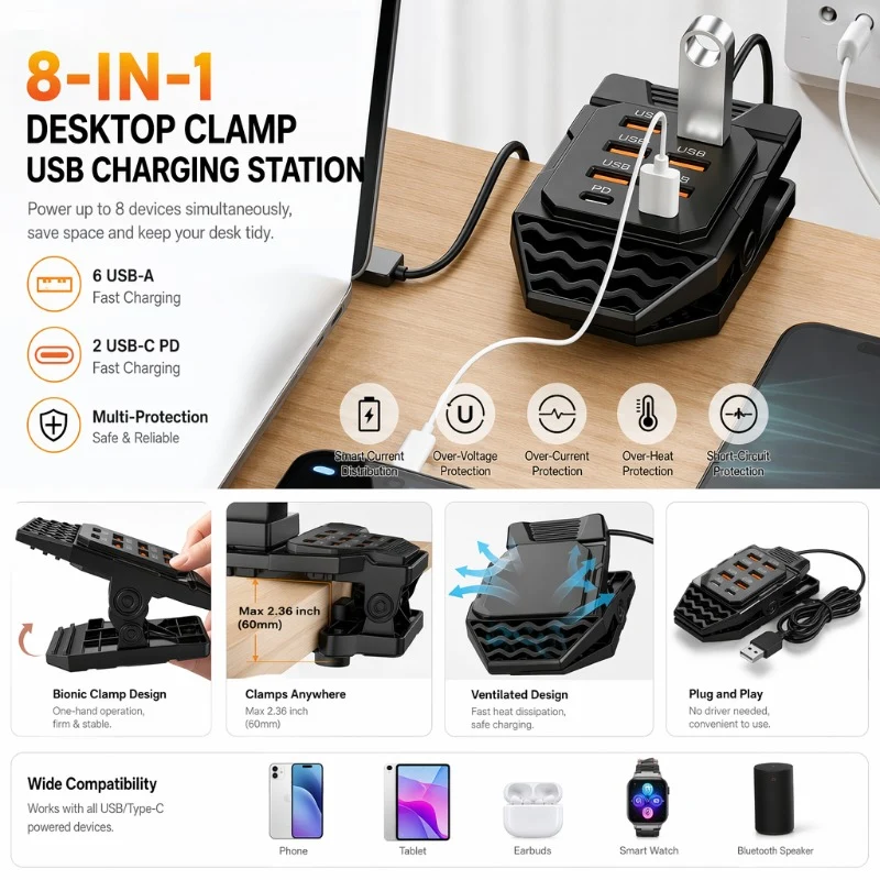 USB-Ladehub mit 8 Anschlüssen und Tischklemme