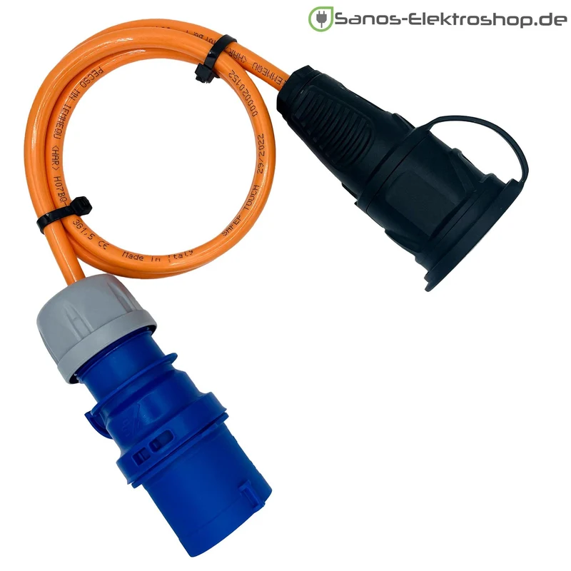 Camping/Caravan/Boot Adapter CEE-Stecker auf Schuko-Kupplung 230V 3-polig 16A, Gummileitung H07BQ-F 3G2,5 orange, 1m-50m