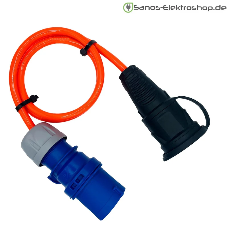 Camping/Caravan/Boot Adapter CEE-Stecker auf Schuko-Kupplung 230V 3-polig 16A, Gummileitung H07BQ-F 3G2,5 leuchtorange, 1m-50m