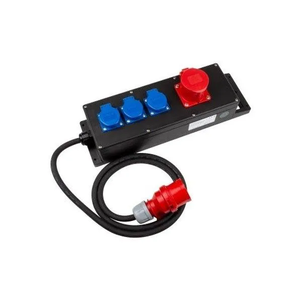 Vollgummi-Verteiler-Klein mit 16A-Zuleitung, 1x CEE 16A und 3x Schuko-Dosen