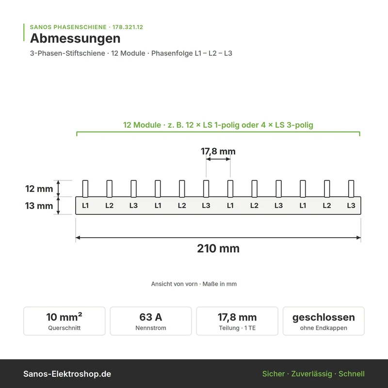 3-Phasen-Stiftschiene geschlossen, 12 Module, L-Ausführung, 178 mm lang