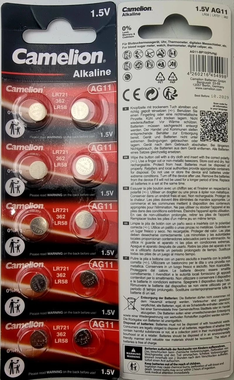 Camelion Alkaline Batterie AG11 LR721 LR58 362 1.5V 10X