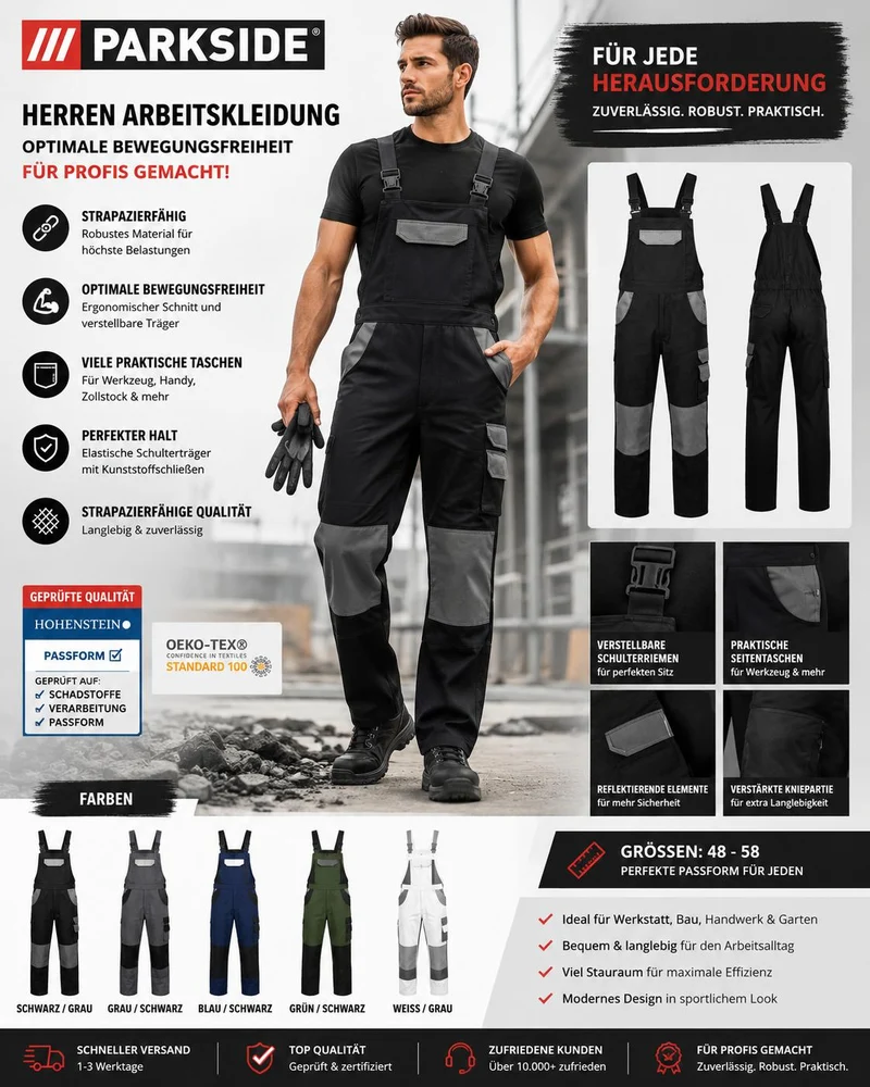 Parkside Herren Arbeitskleidung Arbeitslatzhose Optimale Bewegungs Schwarz Grau Schulter träger