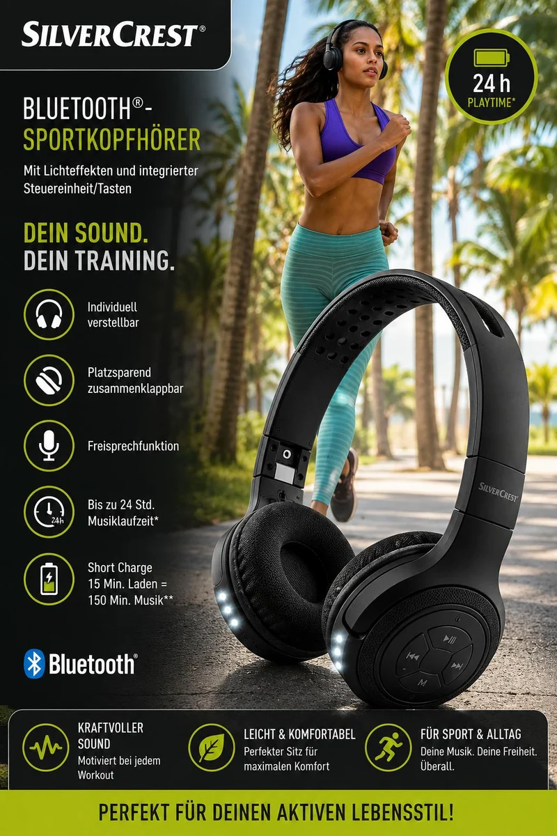 Silvercrest Sport Kopfhörer Bluetooth On-Ear-Kopfhörer Faltbar