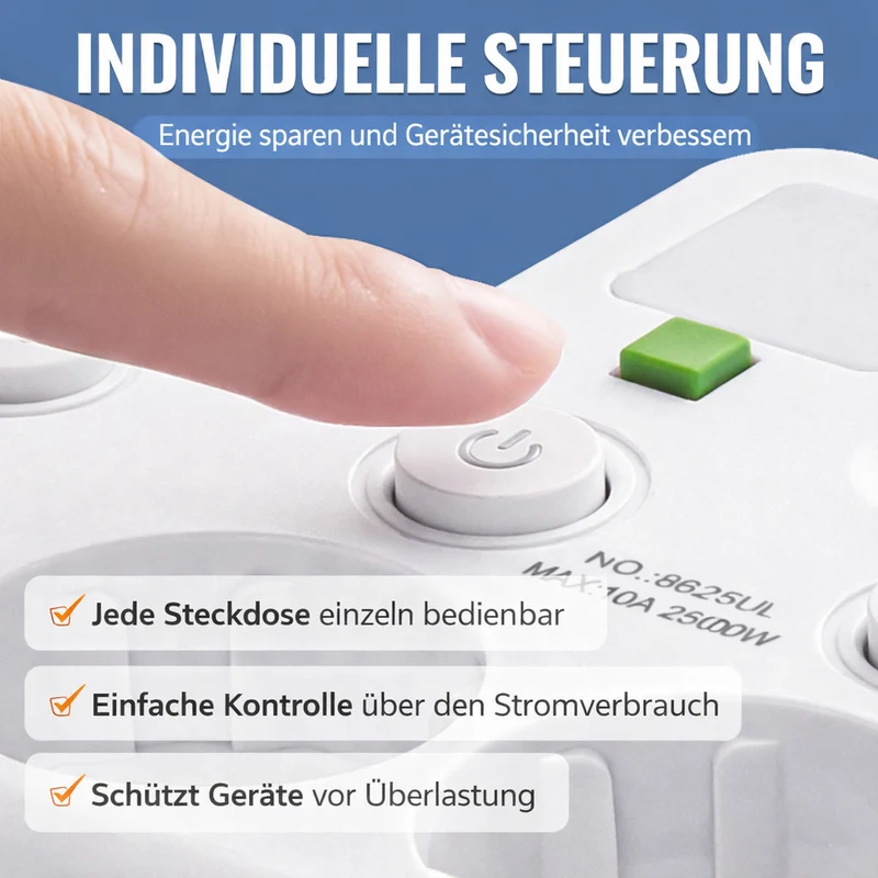Wandmontierter Stromverteiler mit 4 Steckdosen, USB-Anschlüssen und Nachtlicht