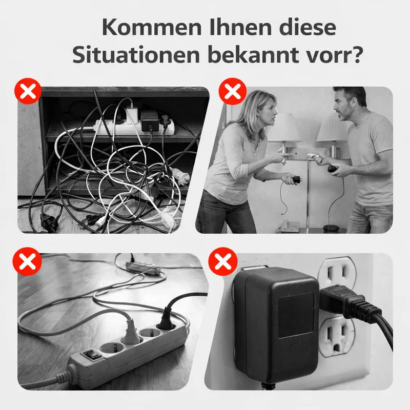 Wandmontierter Stromverteiler mit 4 Steckdosen, USB-Anschlüssen und Nachtlicht
