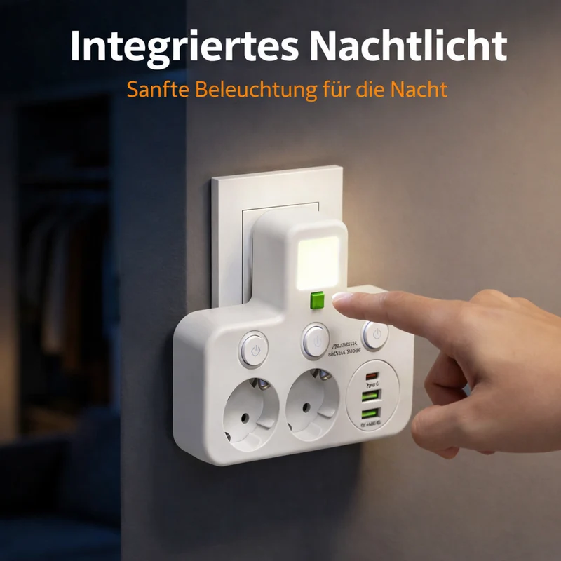 Wandmontierter Stromverteiler mit 4 Steckdosen, USB-Anschlüssen und Nachtlicht