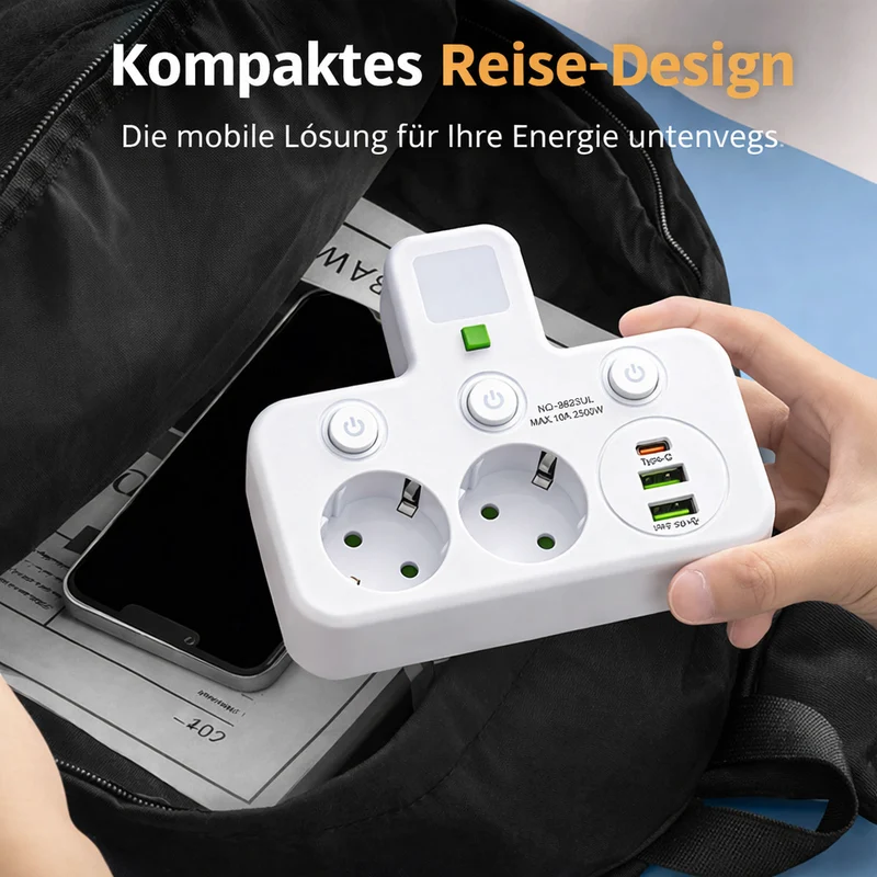 Wandmontierter Stromverteiler mit 4 Steckdosen, USB-Anschlüssen und Nachtlicht
