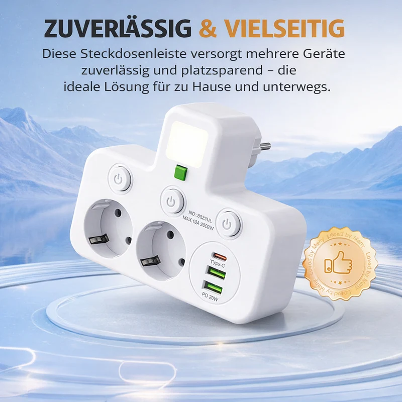 Wandmontierter Stromverteiler mit 4 Steckdosen, USB-Anschlüssen und Nachtlicht