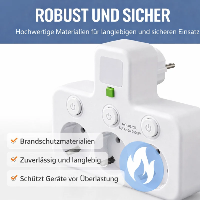 Wandmontierter Stromverteiler mit 4 Steckdosen, USB-Anschlüssen und Nachtlicht