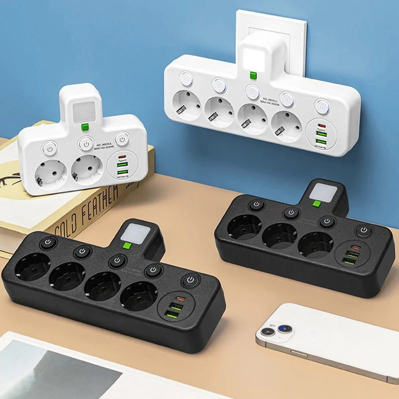 Wandmontierter Stromverteiler mit 4 Steckdosen, USB-Anschlüssen und Nachtlicht