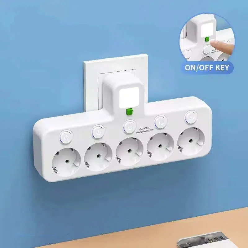 Wandmontierter Stromverteiler mit 4 Steckdosen, USB-Anschlüssen und Nachtlicht