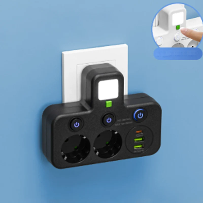 Wandmontierter Stromverteiler mit 4 Steckdosen, USB-Anschlüssen und Nachtlicht