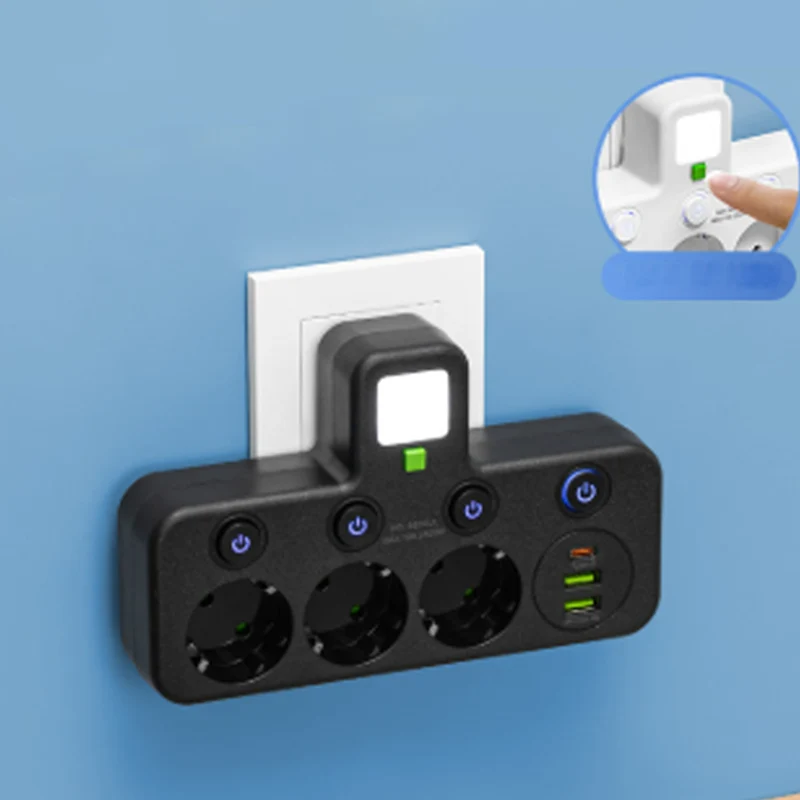 Wandmontierter Stromverteiler mit 4 Steckdosen, USB-Anschlüssen und Nachtlicht