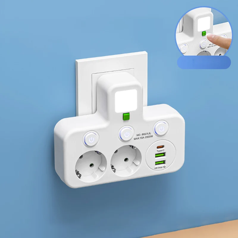 Wandmontierter Stromverteiler mit 4 Steckdosen, USB-Anschlüssen und Nachtlicht