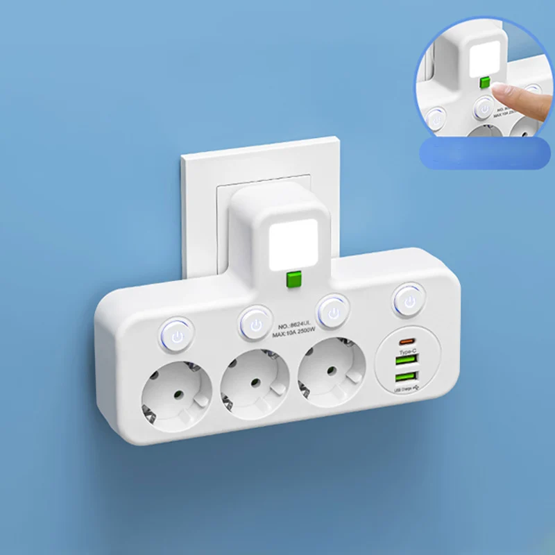 Wandmontierter Stromverteiler mit 4 Steckdosen, USB-Anschlüssen und Nachtlicht