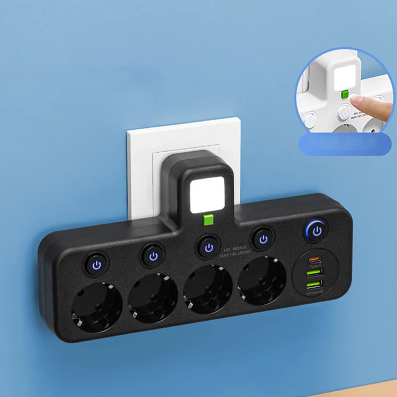 Wandmontierter Stromverteiler mit 4 Steckdosen, USB-Anschlüssen und Nachtlicht