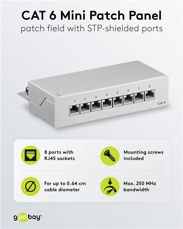 CAT 6 Mini/Desktop Patch Panel, 8 Port, (1 HE)