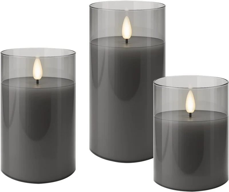 3er-Set LED-Echtwachs-Kerzen im Glas, grau-transparent