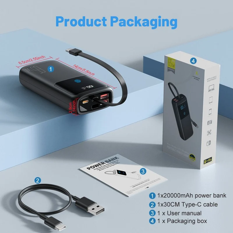 VoltMate Pro 65W – Schlanke Multilade-Powerbank mit Touch-Display
