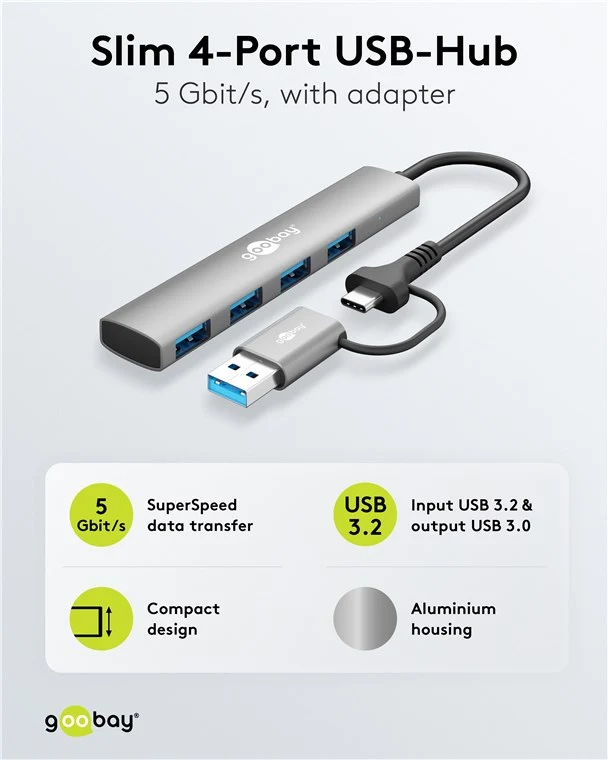 2in1 Slim 4-Port USB-Hub, 5 Gbit/s
