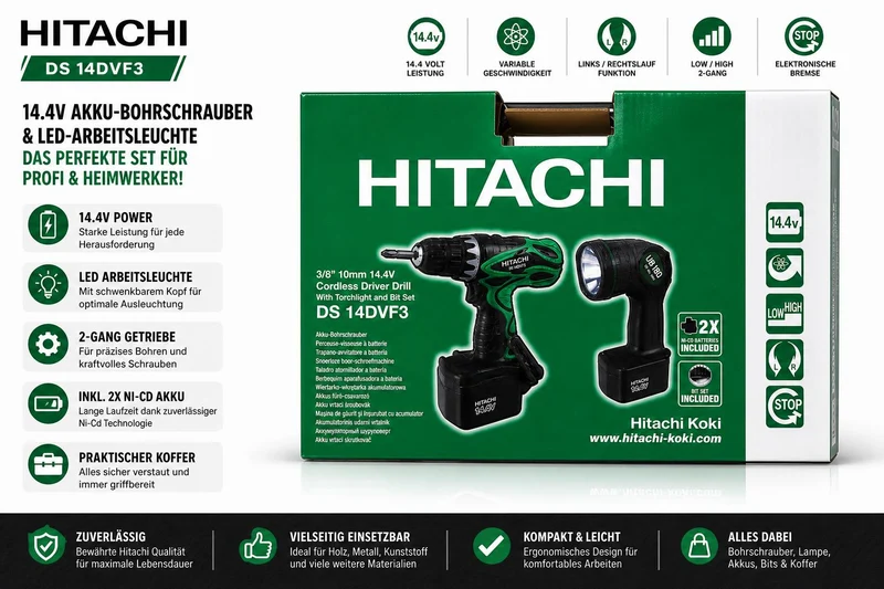 Hitachi DS14DVF3 Akkubohrschrauber-Set 14.4 V inkl. Lampe & Koffer