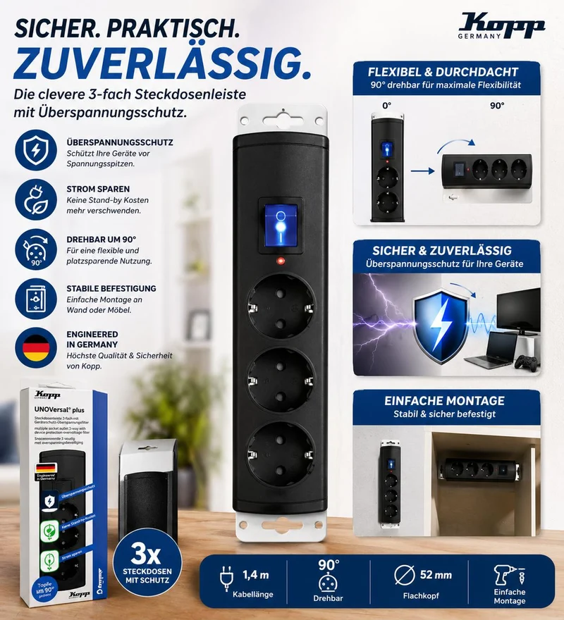 UNOversal Plus 3-fach Steckdosenleiste mit Überspannungsschutz, Schalter, 1,4 m Kabel, 16A, anthrazit