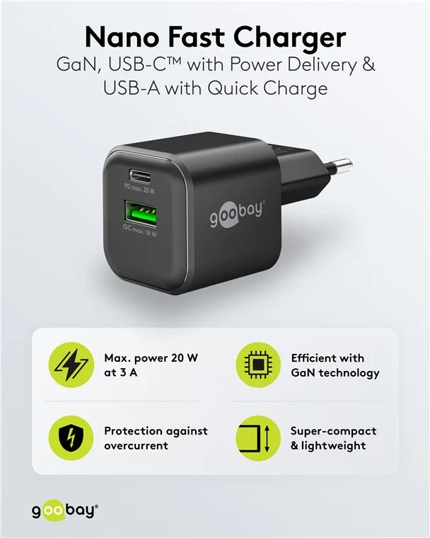 USB-C™ PD GaN Dual-Schnellladegerät Nano (20 W) schwarz