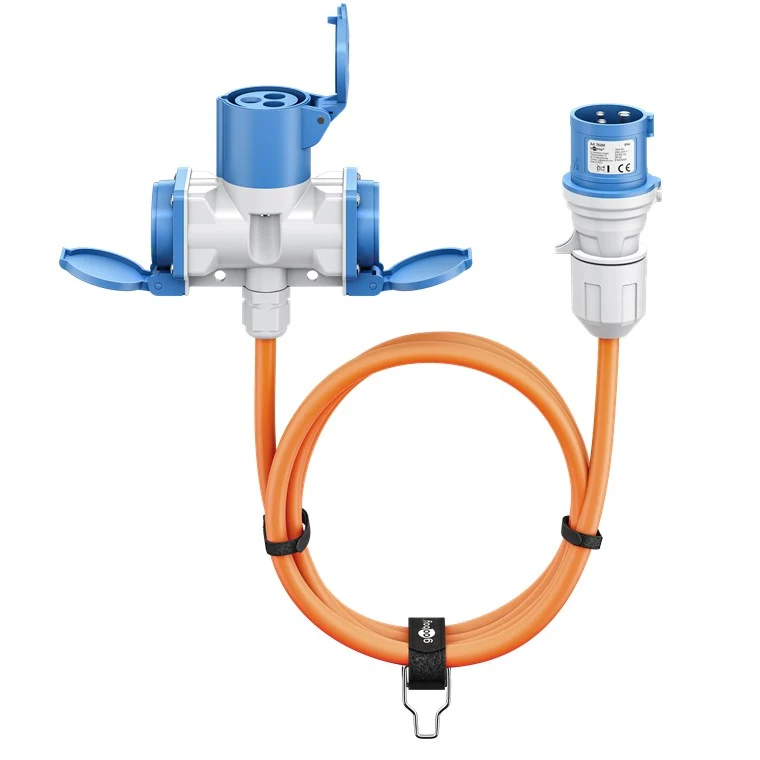 CEE-Adapterleitung, CEE-Stecker auf 1x CEE-Kupplung und 2x Schutzkontakt-Kupplung, 1,5 m