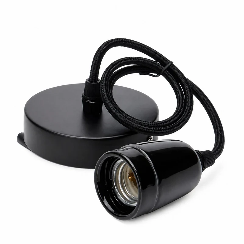 Kopp snoerpendel E27 retro met porseleinen lamphouder zwart