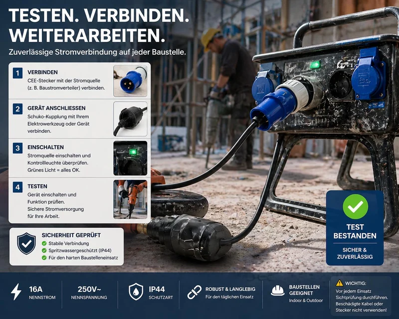 KOPP CEE-Caravan-Adapterleitung, 3-polig, 16A, Caravan-Stecker, Schutzkontakt-Kupplung, Farbe: blau