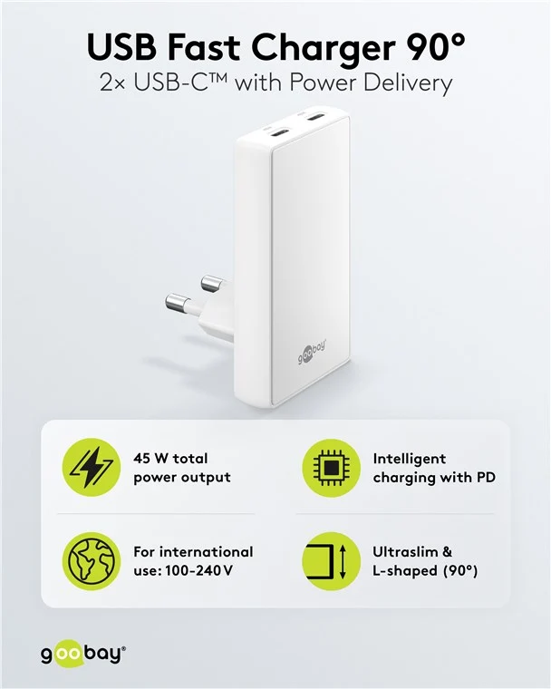 USB-C™ PD GaN Dual-Schnellladegerät 90° Flat (45 W) weiß
