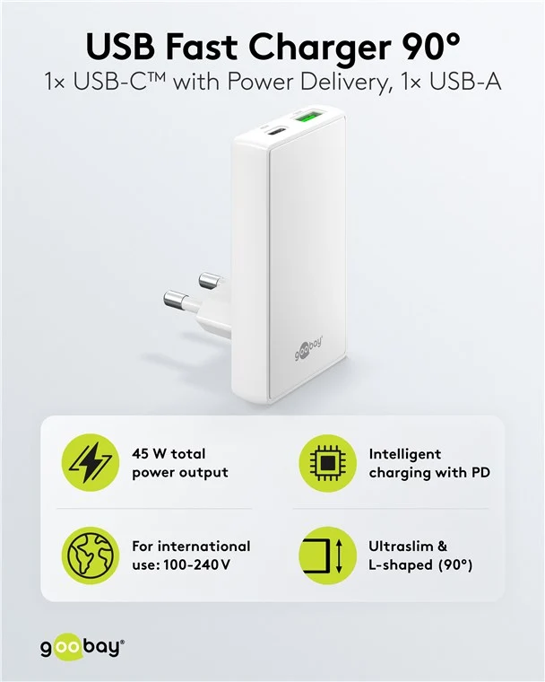 USB-C™ PD GaN Dual-Schnellladegerät 90° Flat (45 W) weiß
