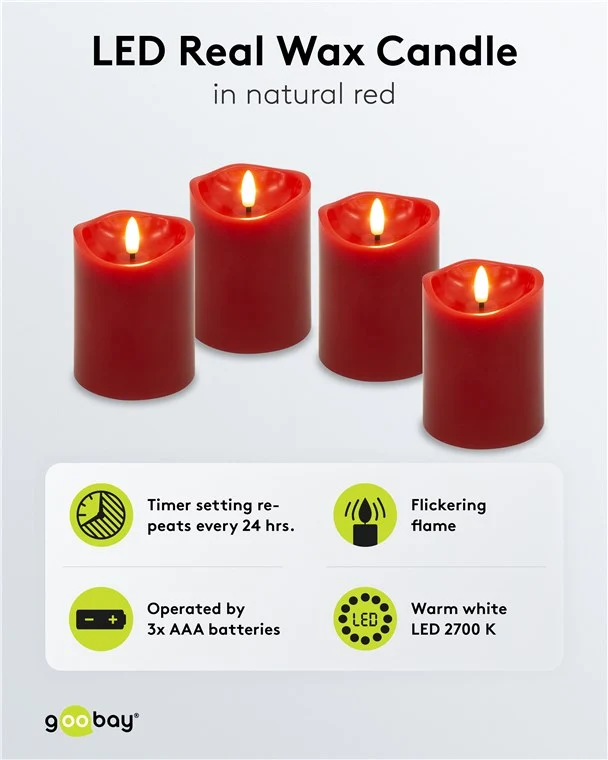 4er-Set LED-Echtwachskerzen, rot, inkl. 12x AAA (LR03)