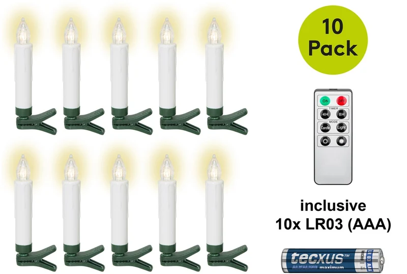 10 kabellose LED-Weihnachtsbaumkerzen inkl. 10x AAA (LR03)