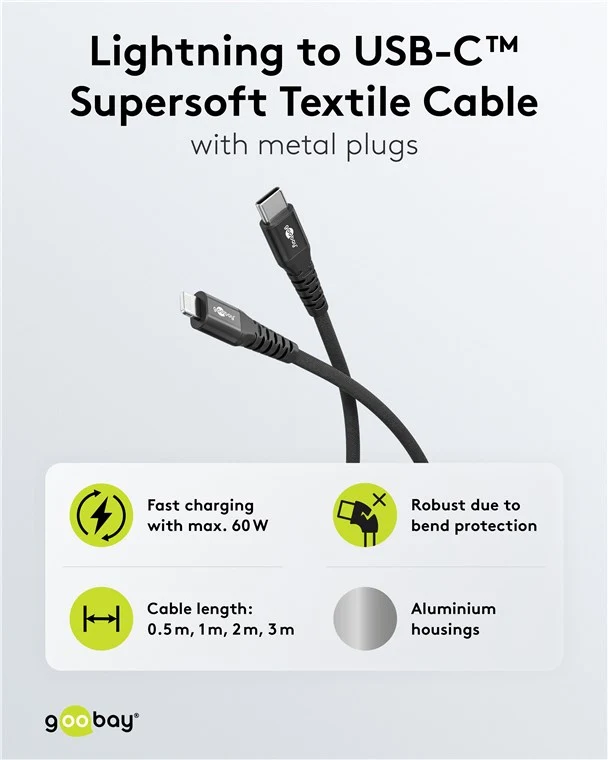 Lightning auf USB-C™ Supersoftes Textilkabel mit Metallsteckern, 2 m