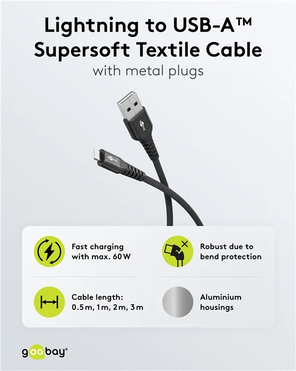 Lightning auf USB-A Supersoftes Textilkabel mit Metallsteckern, 2 m